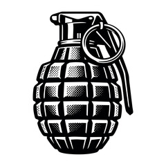 Obraz premium Hand grenade in black and white style, symbolizing weapon, explosion, and armed forces for security and protest concepts