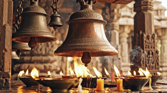 Close up of bronze bells and lit candles in a traditional setting