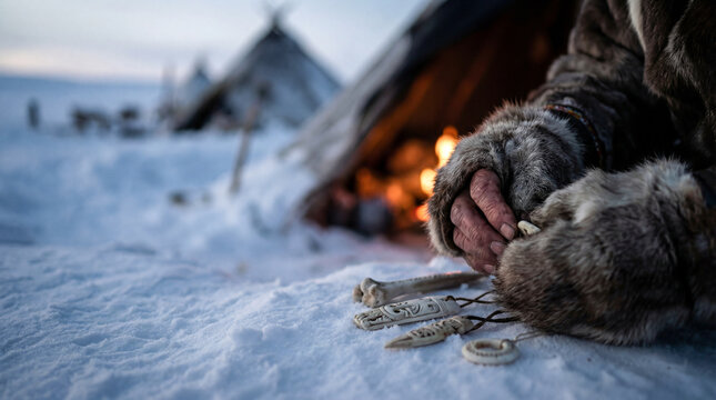 Making traditional amulets of the inhabitants of the Far North in close-up against the background of plague and snow