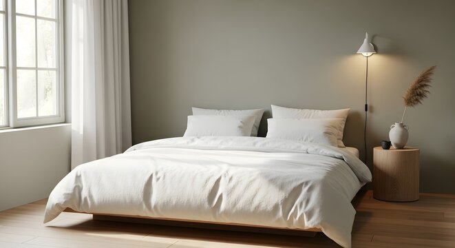 Minimalist modern bedroom interior featuring large double bed with white linen neutral grey walls wooden flooring bedside table wall lamp and window with natural soft light morning