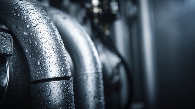 condenser. A large silver industrial condenser unit in a workshop with water droplets on its surface. safety posters.