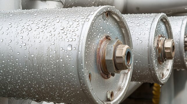 condenser. A large silver industrial condenser unit in a workshop with water droplets on its surface. safety posters.