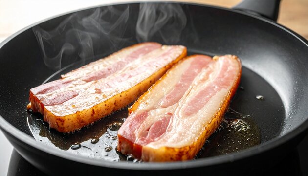 厚切りのベーコンを焼いている写真