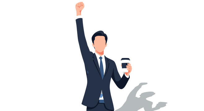 Successful businessman celebrating with coffee cup, raised fist, isolated on white background
