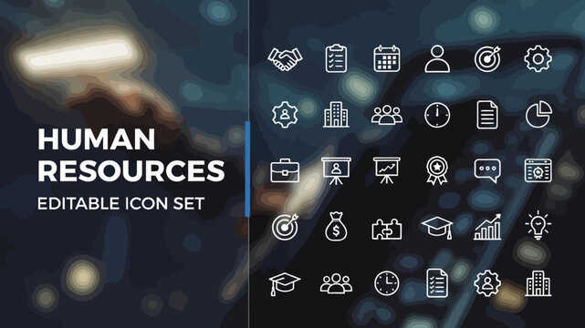 A detailed human resources editable icon set in white line style is presented over a blurred office background.