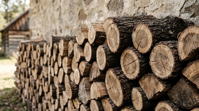 Neatly stacked pile of split logs and firewood, ready for a cozy winter fire, resting against an old stone wall in a rustic outdoor setting, highlighting natural textures