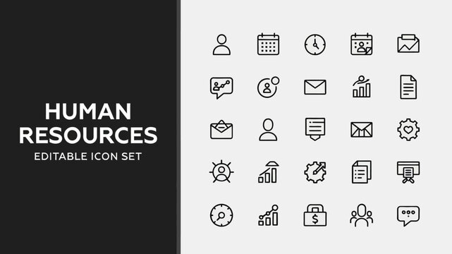 A clean human resources icon set showcases black outline symbols on a crisp split background.