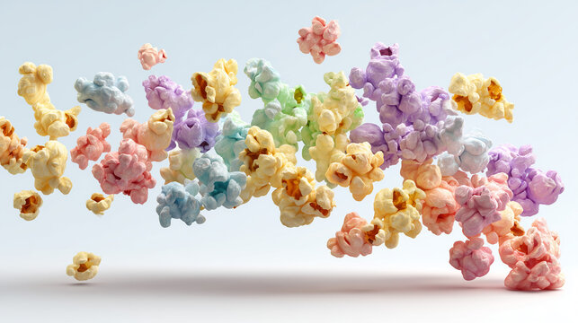 colorful rainbow popcorn floating in mid air on white background, group of multi colored sweet popcorn kernels flying, isolated vibrant popcorn snack macro