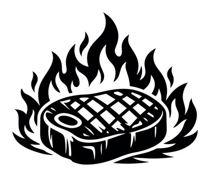 Grilled steak cooking over hot flames with grill marks, ideal for BBQ, food menus, or cooking-related designs