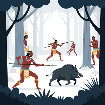 Indigenous hunters with spears attacking a wild boar in a forest vector artwork