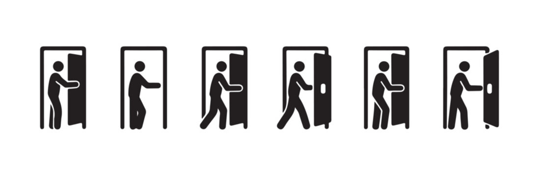 Man entering door sequence pictogram set representing walking motion into a room for safety instruction sign.