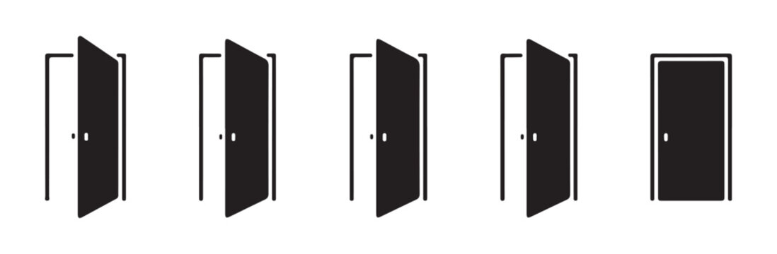 Set of closing door icons showing transition from fully open to shut position for user interface animation.