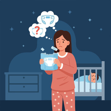 Worried mother at night holds an empty diaper pack near her sleeping baby's crib