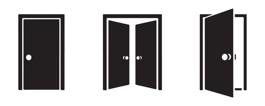 Three black door icons showing closed, double open and single door ajar on checkered background.