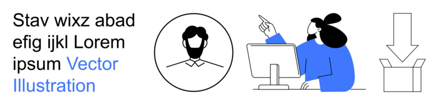 Business processes, communication, teamwork, user interaction, digital onboarding, task management. A person at a desk, user profile icon and a package symbol. Business communication and teamwork