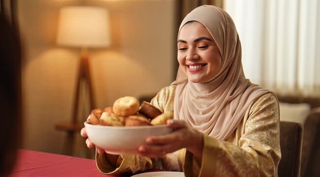 Smiling Muslim Woman Holding a Bowl of Delicious Food at Home.