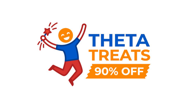 Theta Treats Logo Featuring Enthusiastic Person and Discount Offer