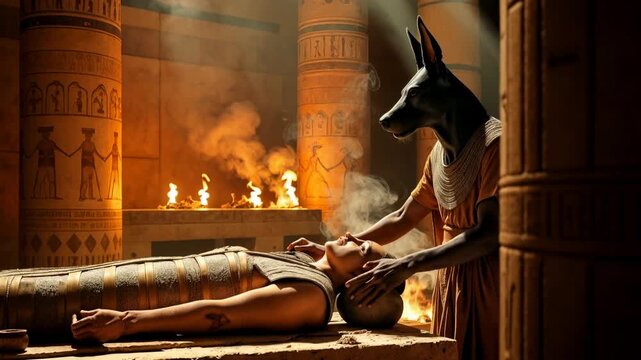 Anubis god performing ancient Egyptian mummification ritual over body on stone altar with incense smoke and candles in torchlit temple. Cinematic mythology and history scene.