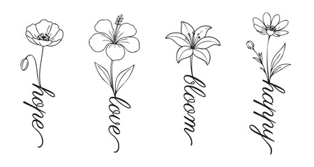 Obraz premium Minimalist floral word art set with line flowers and handwritten hope, love, bloom, and happy in elegant black outline style. Inspirational vector illustrations