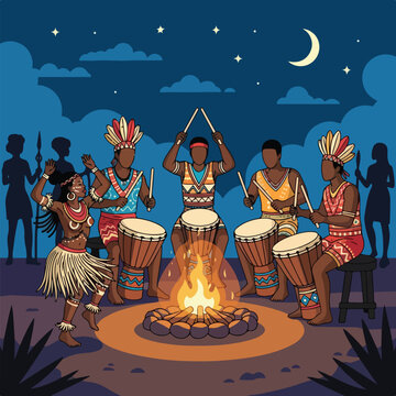 Indigenous tribe dancing and drumming around a campfire under a starry night
