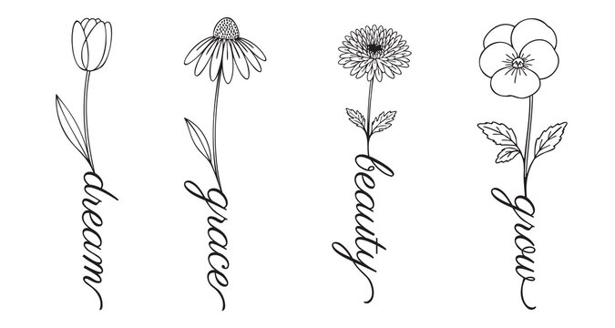 Minimalist floral typography set with tulip, coneflower, daisy, and pansy paired with dream, grace, beauty, and grow in elegant script. Inspirational vector collection