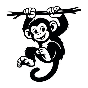 Cute cartoon monkey character hanging from a branch, smiling, representing fun, child play, and wildlife