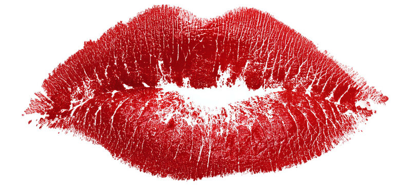 A bold, red lip imprint on a black background, showcasing texture and detail of the lips