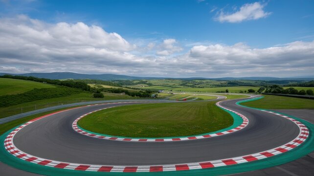 Winding race track circuit through a scenic green landscape under a blue sky
