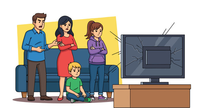 The angry family shouting in front of a smashed flat screen television in a room