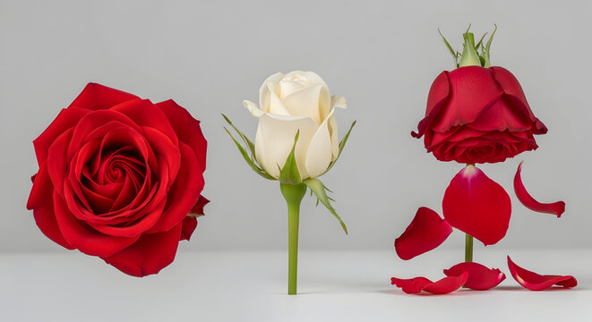 Three roses in different stages of wilting on a gray background