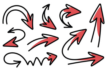 Fototapeta premium Collection of hand drawn arrows in red and black on transparent background for design and illustration purposes