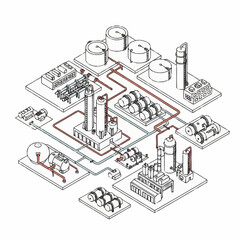 Fototapeta premium Industrial factory complex isometric illustration with pipelines and tanks.
