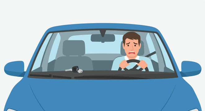 Stressed man in a blue vehicle realizes his car keys are locked out on dashboard