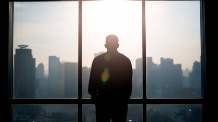 Fototapeta premium Person silhouette standing by office window, observing urban city development with sunrise view, hope concept