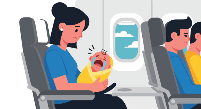 Mother holding a crying baby on a plane while nearby passengers look frustrated