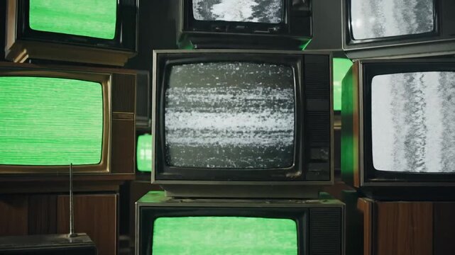 A stack of old CRT televisions with green and white screens.