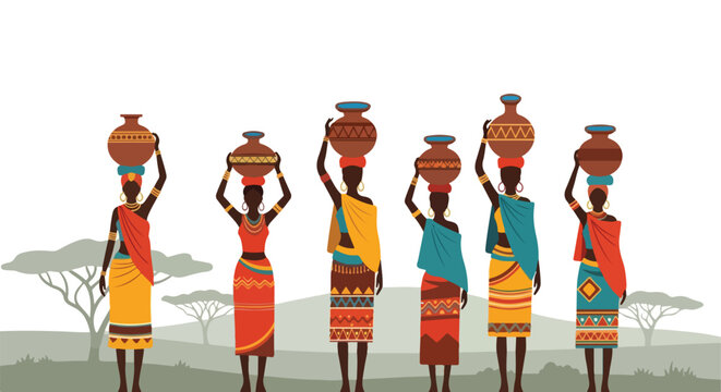 African women in colorful traditional dress carry water pots across the savanna