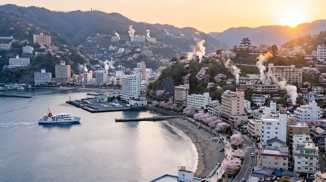 Scenic View of Atami with Cherry Blossoms and Mountain Sunset