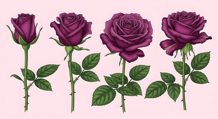 Fototapeta premium Four purple roses with green leaves on a gray background