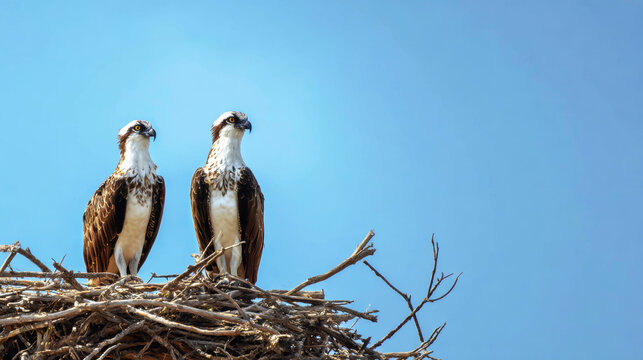Pair of ospreys perched on a large nest, looking observant against a bright blue sky, wildlife habitat