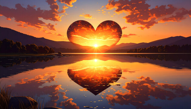 Heart shaped sunset above water