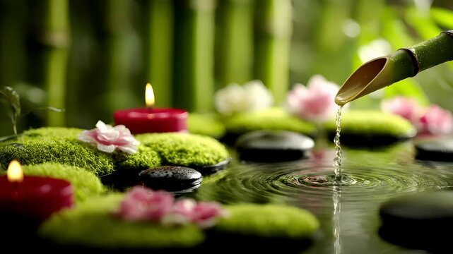 Zen Buddhism, meditation, inner peace, Chinese Japanese Asian tradition. Therapy stress release treatment, health lifestyle. A tranquil scene depicts a serene spa setting.