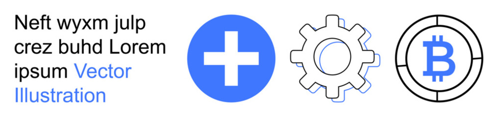 Obraz premium Healthcare, technology, cryptocurrency, digital currency, blockchain, financial services. A blue cross, gear icon and Bitcoin symbol on a clean layout. Healthcare and technology concept
