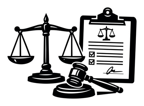 Representing the legal system with symbolic icons: scales of justice, a judge's gavel, and a clipboard with a legal document