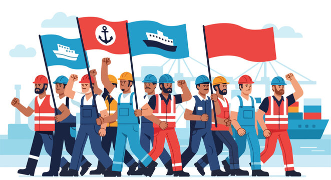Many port workers marching with flags and raised fists at the shipping terminal