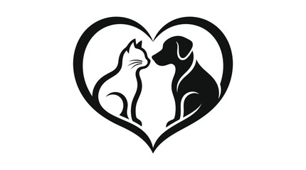 Fototapeta premium Black and white line art heart with cat and dog silhouette, pet love symbol
