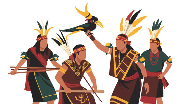 Four indigenous people in traditional tribal attire holding a hornbill and spear