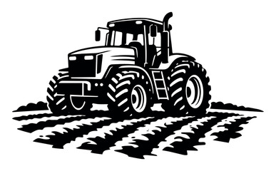 Obraz premium Tractor working in a field, plowing agricultural land. Farm vehicle cultivating soil. Heavy equipment for rural farming