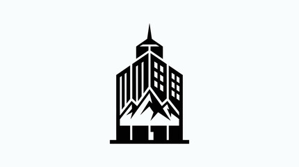 Naklejka premium Modern Skyscraper Building with Mountain Peaks Silhouette, Black and White Glyph Logo