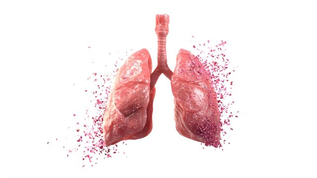Human lungs inflating and deflating smoothly, oxygen particles entering and spreading, soft glow effect, isolated on white background